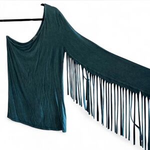 NWT teal western one-shoulder fringe top